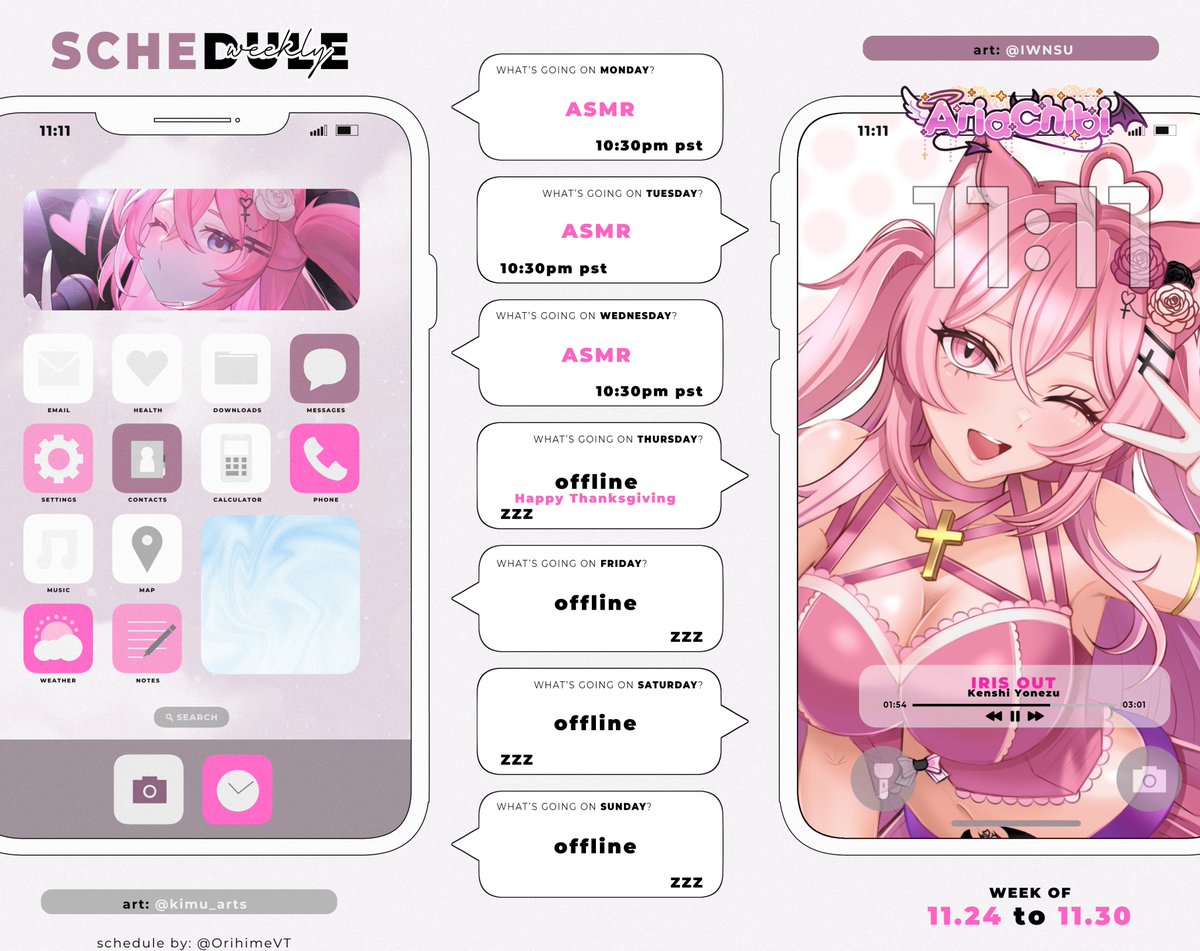 Stream schedule of the week (Nov. 24-30)

❥Mon/Tues/Wed: ASMR

With Thanksgiving on Thursday, I'll be streaming early in the week to spend the holiday and weekend with family! Happy Sunday!! 🩷