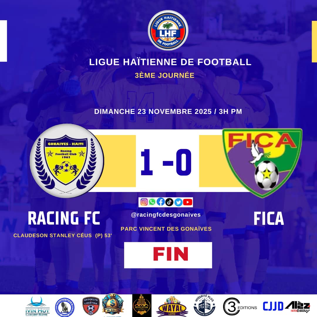 wansedden's tweet photo. Après ses deux nuls face au Real Hope Avademy (0-0) et à Saint Marc face au Tempête fc  (1-1), le Racing FC des Gonaives a remporté ce dimanche 23 novembre sa première victoire au Parc Vincent face à l’équipe Fica du Cap-Haïtien  grâce à Clauderson Stanley Ceus (sp) https://t.co/i4Yx666FWe