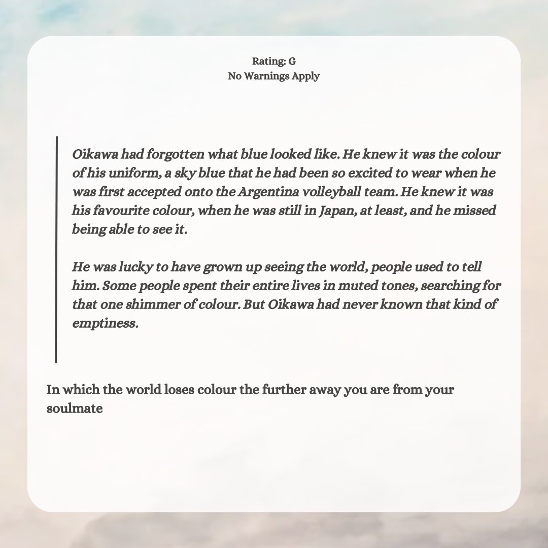 Audilly_'s tweet photo. My entry for Day 1 of #OikawaWeek2025 ! 

Antipode | Iwaoi soulmate, long distance and Argentina

Link: https://t.co/EqcntE5CLV https://t.co/YZPhbkdGJi