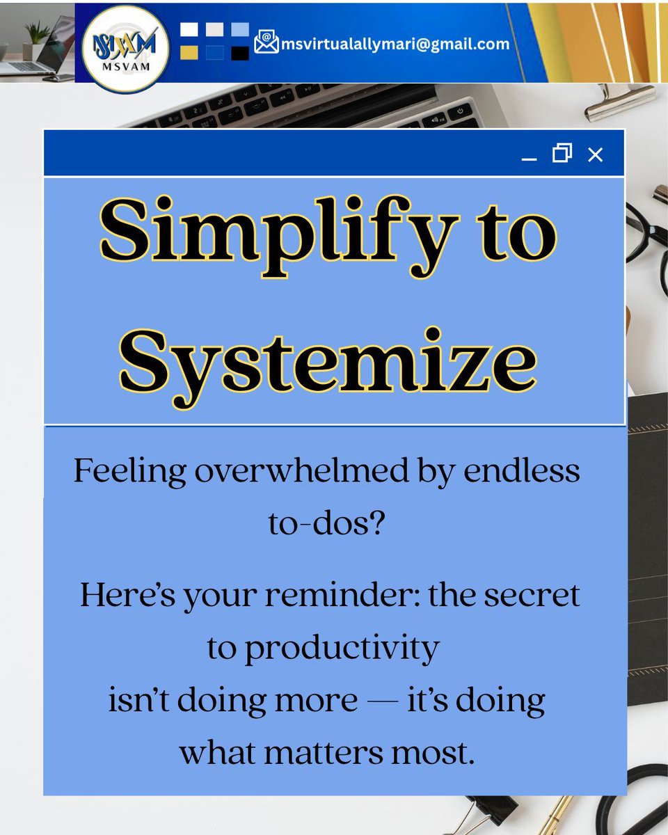 Basco_Marilyn13's tweet image. Feeling overwhelmed by endless to-dos? 😩 Start small — list recurring tasks and group them into systems. Productivity isn’t about doing more, but focusing on what matters most. 

#VASystems #WorkSmarter #BusinessEfficiency #SystemizeToThrive