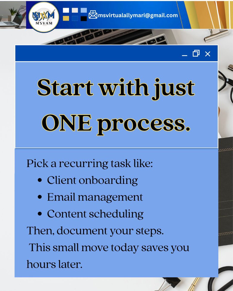 Basco_Marilyn13's tweet image. Feeling overwhelmed by endless to-dos? 😩 Start small — list recurring tasks and group them into systems. Productivity isn’t about doing more, but focusing on what matters most. 

#VASystems #WorkSmarter #BusinessEfficiency #SystemizeToThrive
