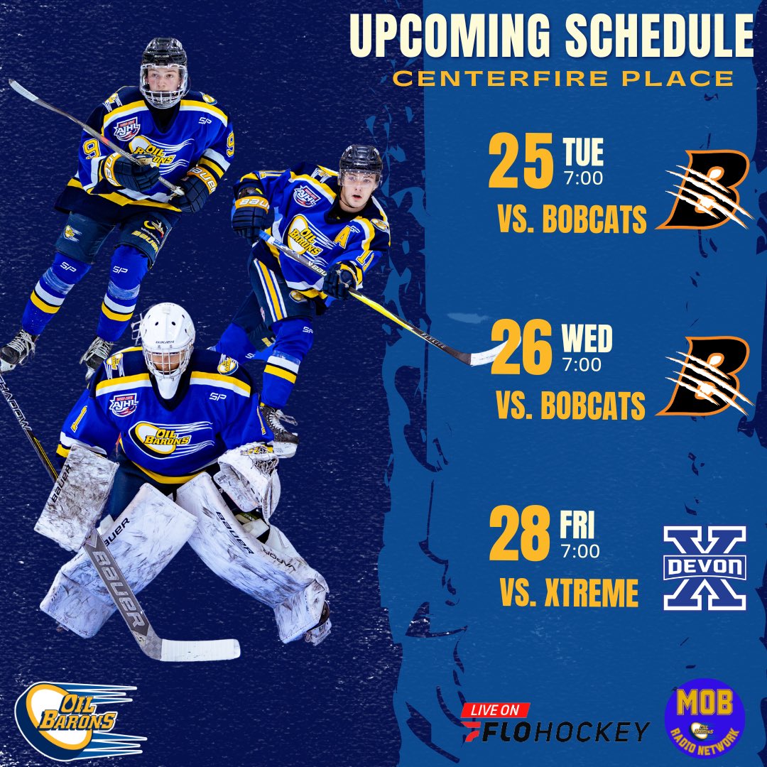 Big week ahead at Centerfire Place starting this Tuesday!

Three important North Division games on tap. Let’s pack the barn and get loud, Fort Mac 🗣️

Get your tickets now tickets.fortmcmurrayoilbarons.ca