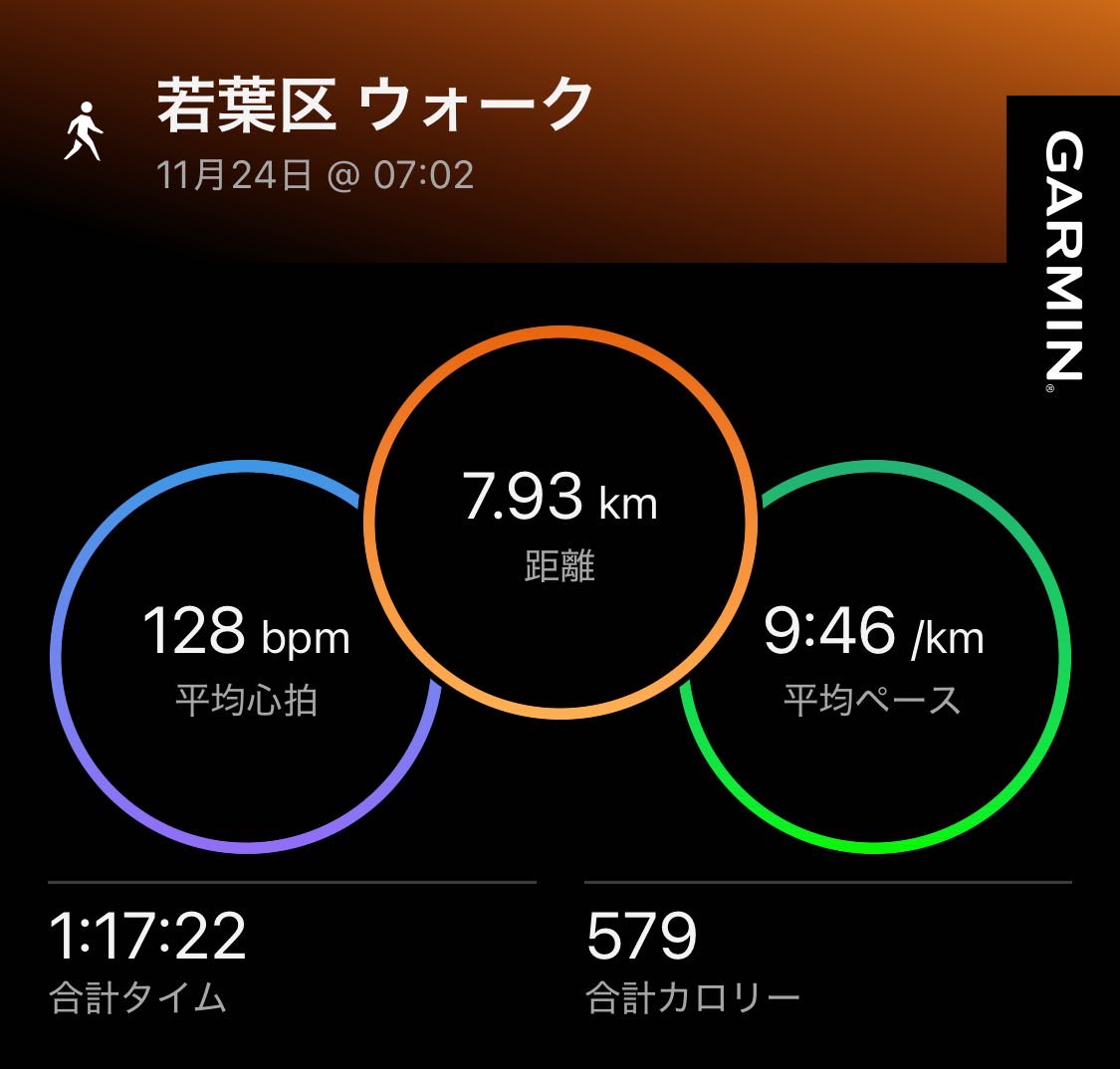 【11/24(月) 速歩メモ】
天気：☀️
気温：8℃
湿度：普通
風：微風
出力：110%
•身体的異常なし
•🚥3ヶ所ロスタイム多し