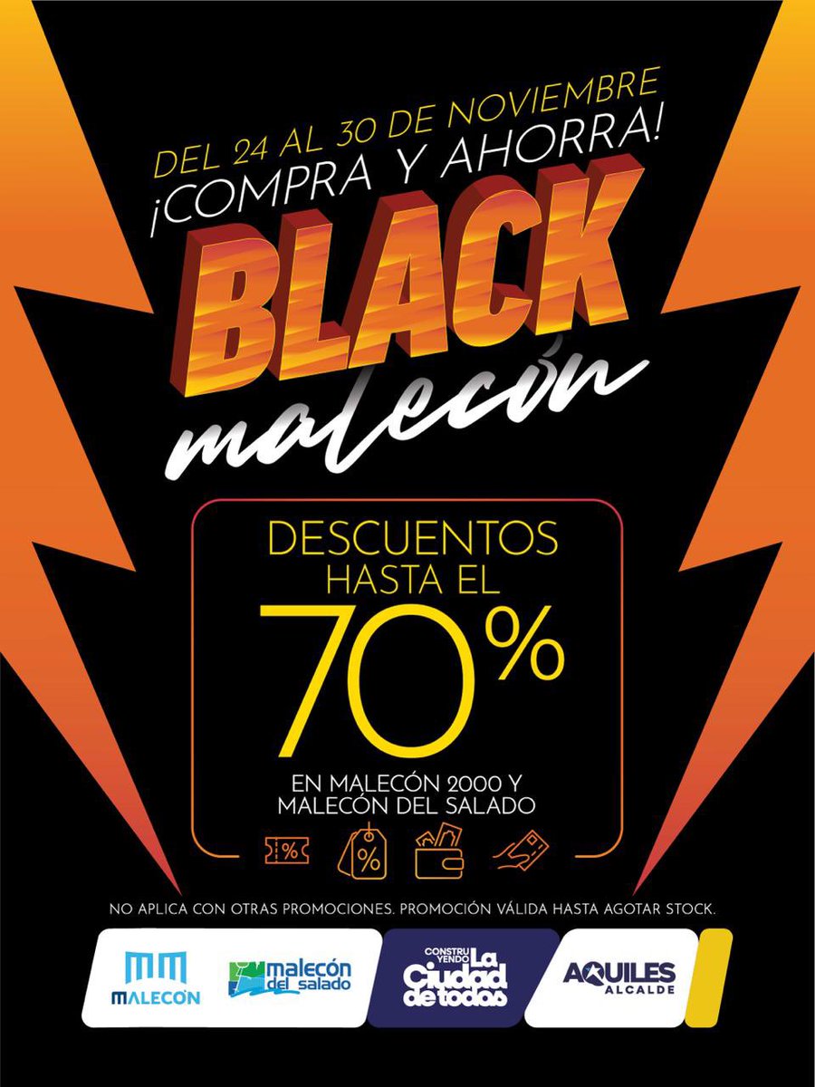 🖤✨ Se viene el Black Week en Malecón 2000 y Malecón del Salado

Del 24 al 30 de noviembre, podrás disfrutar grandes ofertas con descuentos de hasta el 70% 🛍️🔥 #CiudadDeTodos