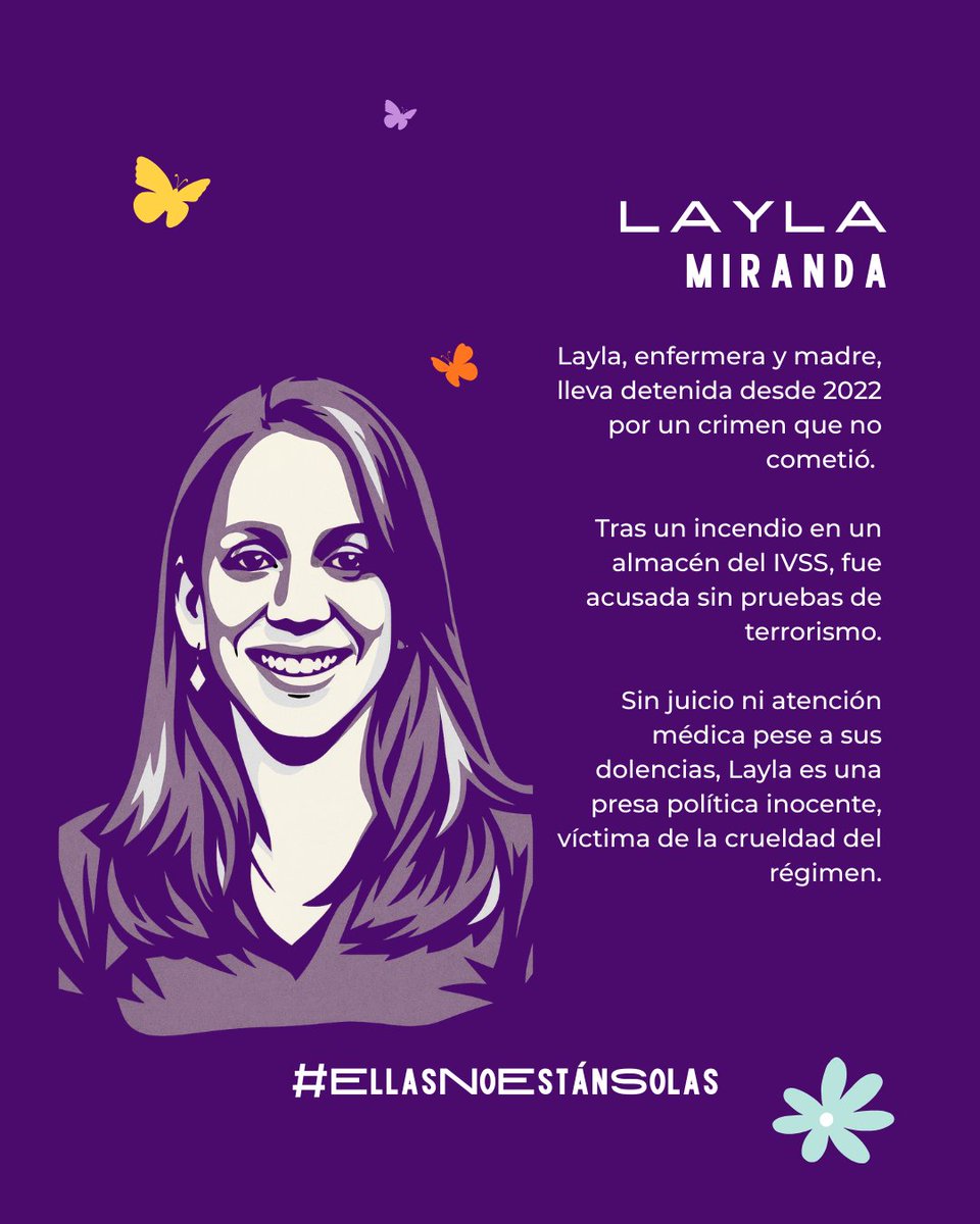 Layla Miranda🦋

Layla, enfermera, fue acusada de terrorismo tras un incendio en el IVSS. Lleva años presa sin juicio. 

#EllasNoEstánSolas