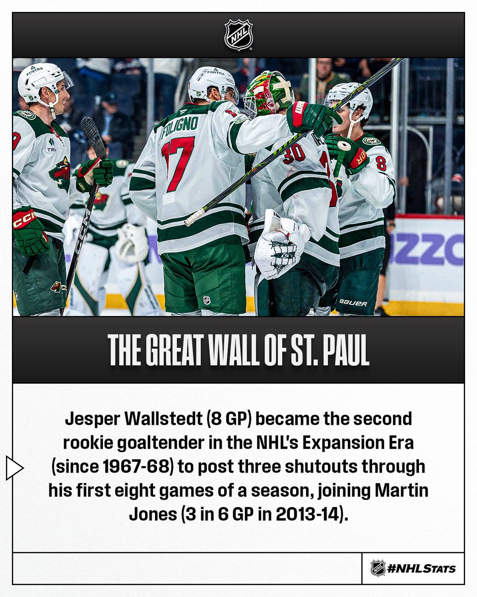 NHLPR's tweet image. Jesper Wallstedt turned away all 32 shots he faced for his League-leading third shutout this season and became the youngest goaltender in @mnwild history to register a five-game winning streak.

#NHLStats: media.nhl.com/public/live-up…