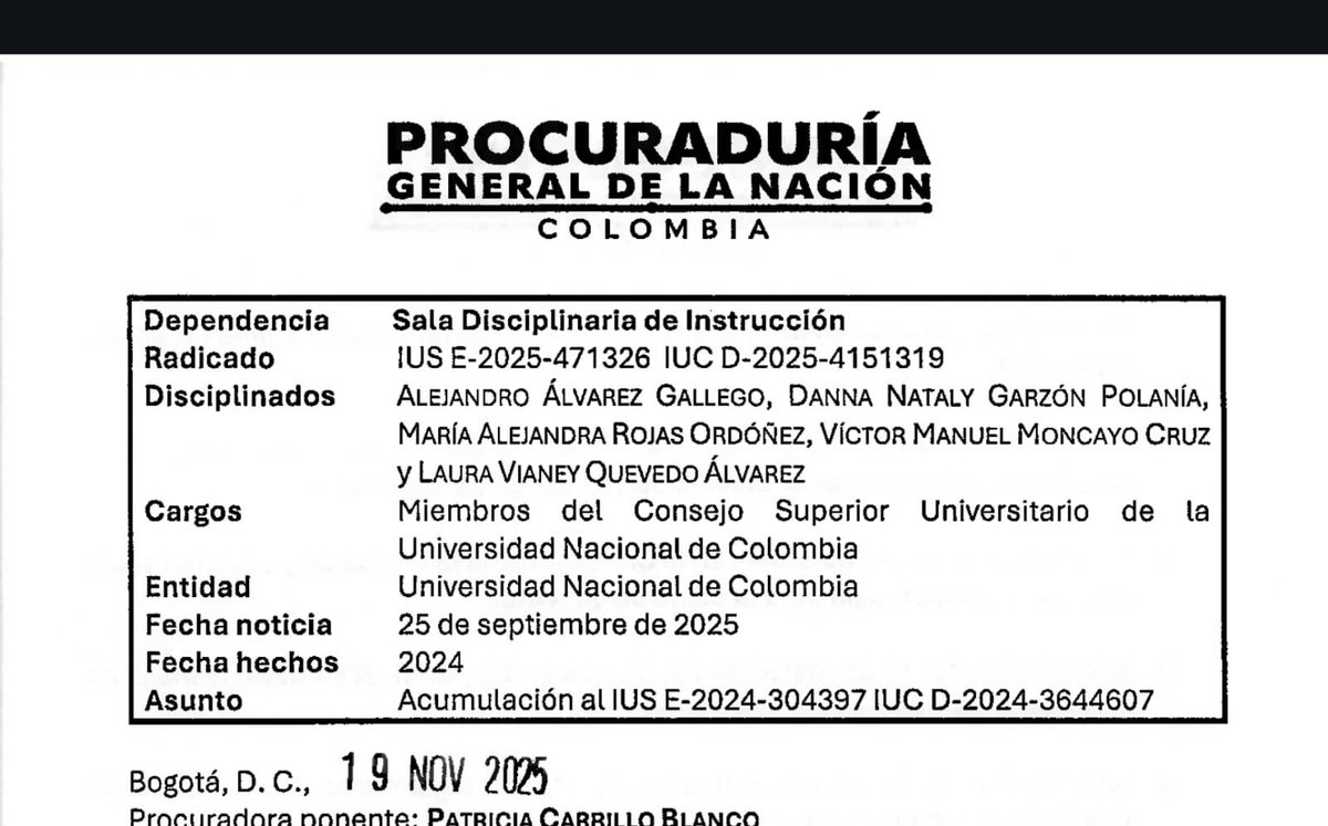 AteneaSindicato's tweet photo. El 6 de junio de 2024 es el día que vivirá en la infamia para la historia de la @UNALOficial. Quienes de forma ilegal designaron a @MuneraLeopoldo terminaron investigados por la @PGN_COL. ¿Será que @DanielRMed  @Mineducacion le hará caso a @RodrigoUprimny y se une a la foto? https://t.co/qfhVOt2skp