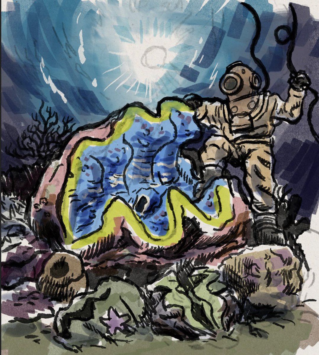 Trying to hammer out the giant clam illustration. I really want to try and have some vibrant colors on this one.