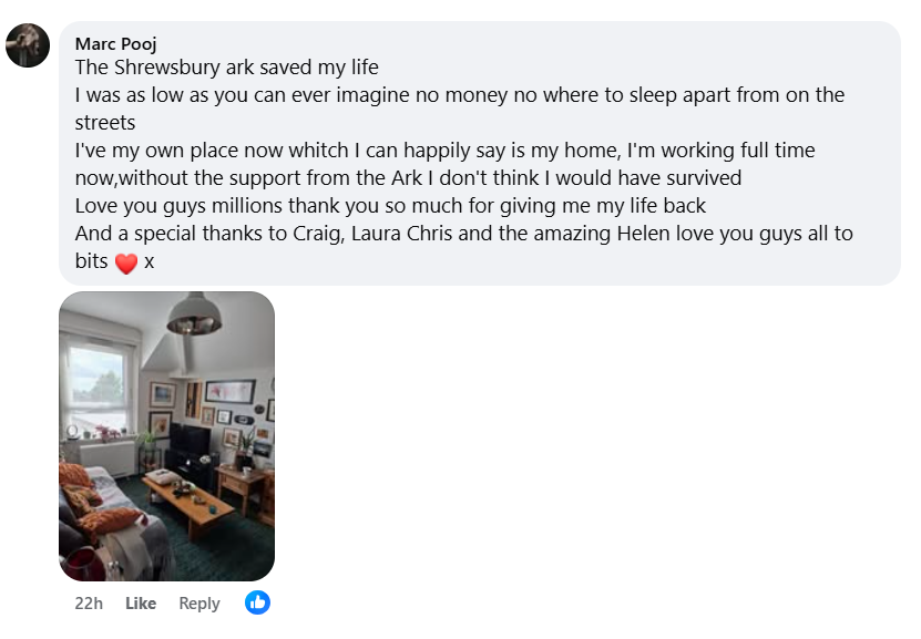 shrewsburyark's tweet photo. One of the comments posted on our Facebook page.
Please support us to help people like Marc get their lives back on track by setting up a regular donation as part of our 'Friends of the Ark' programme.
Details are on our website https://t.co/hQfoKWjFYW
#charity #shrewsbury https://t.co/PBigiFW1Fi