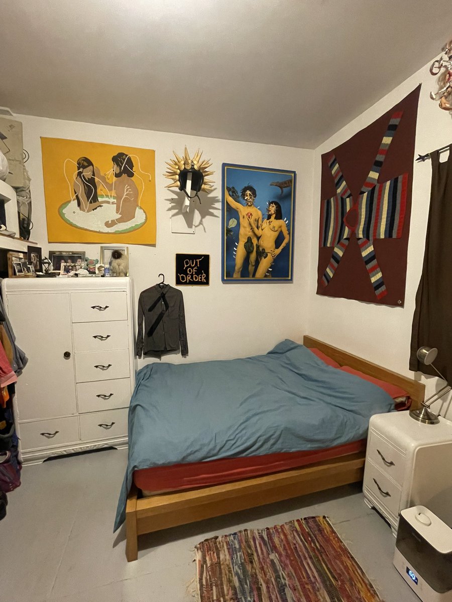 how i live with my art 🛏️ 

-Adam and Eve in a Pesto Pizza
2010, felt fabric

-Crash Helmet, 1995 (made with real cones!)

-Adam and Eve Covered In Razors, 2020 <a href="/SuperRare/">SuperRare</a> (available)

-Skins Of White Man, sweater+fabric, 2003

-Mangled Tie shirt, 2002