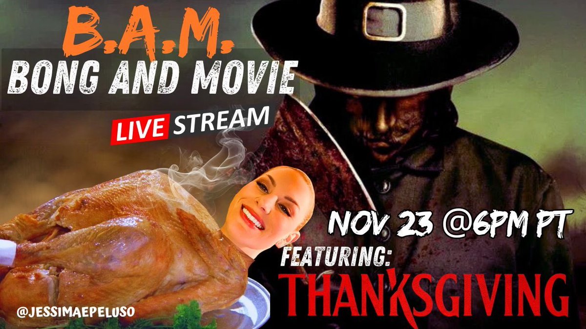 B.A.M. (Bong And Movie) is back TONIGHT at 6pm PT! Hit play on Thanksgiving (yes, the horror movie) and watch along while I commentate, overshare, and honor the holiday in the least traditional way possible. 🦃💨🔪 Featuring <a href="/TimDillon/">Tim Dillon</a> ! 

Stream link: streamyard.com/yy4a2ngncu