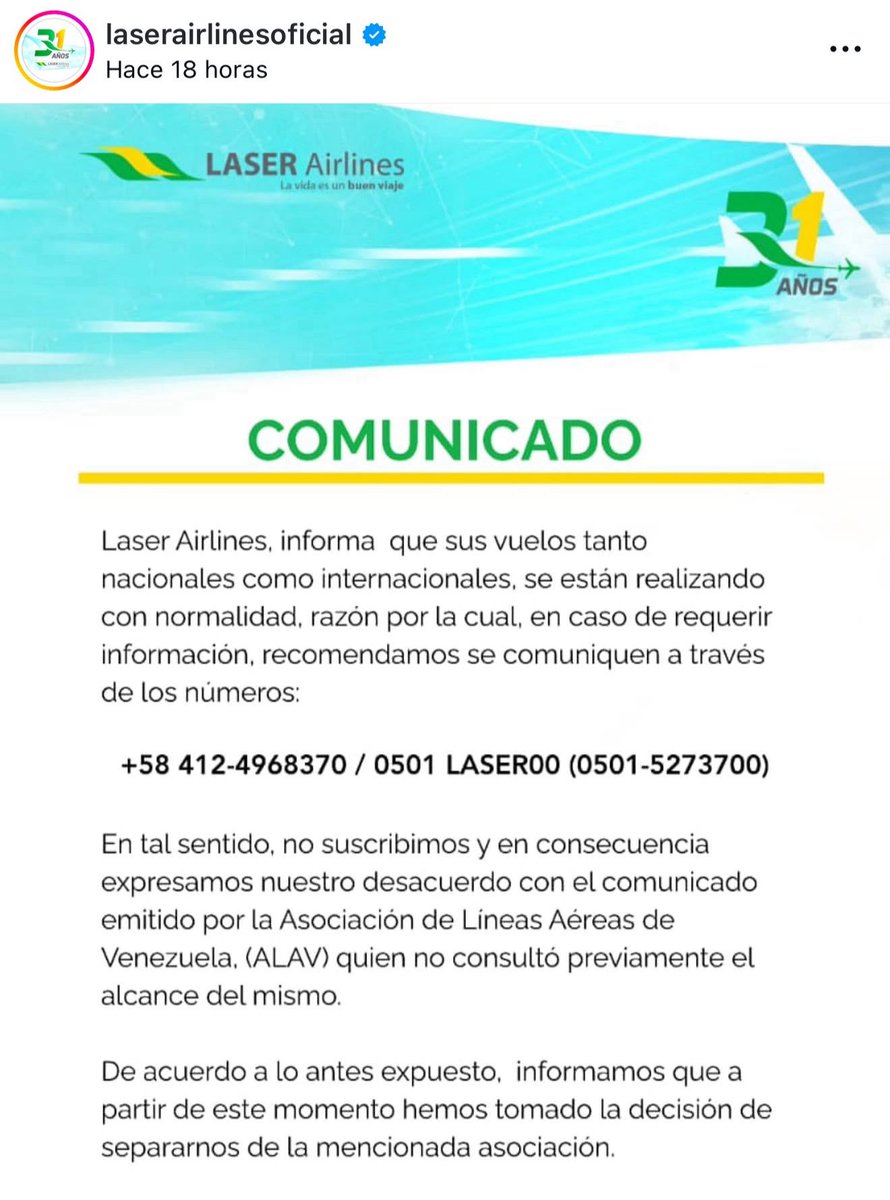 A pesar de su reciente comunicado asegurando que se mantendrían las operaciones Laser canceló por razones operativas su próximo vuelo Ccss-Madrid