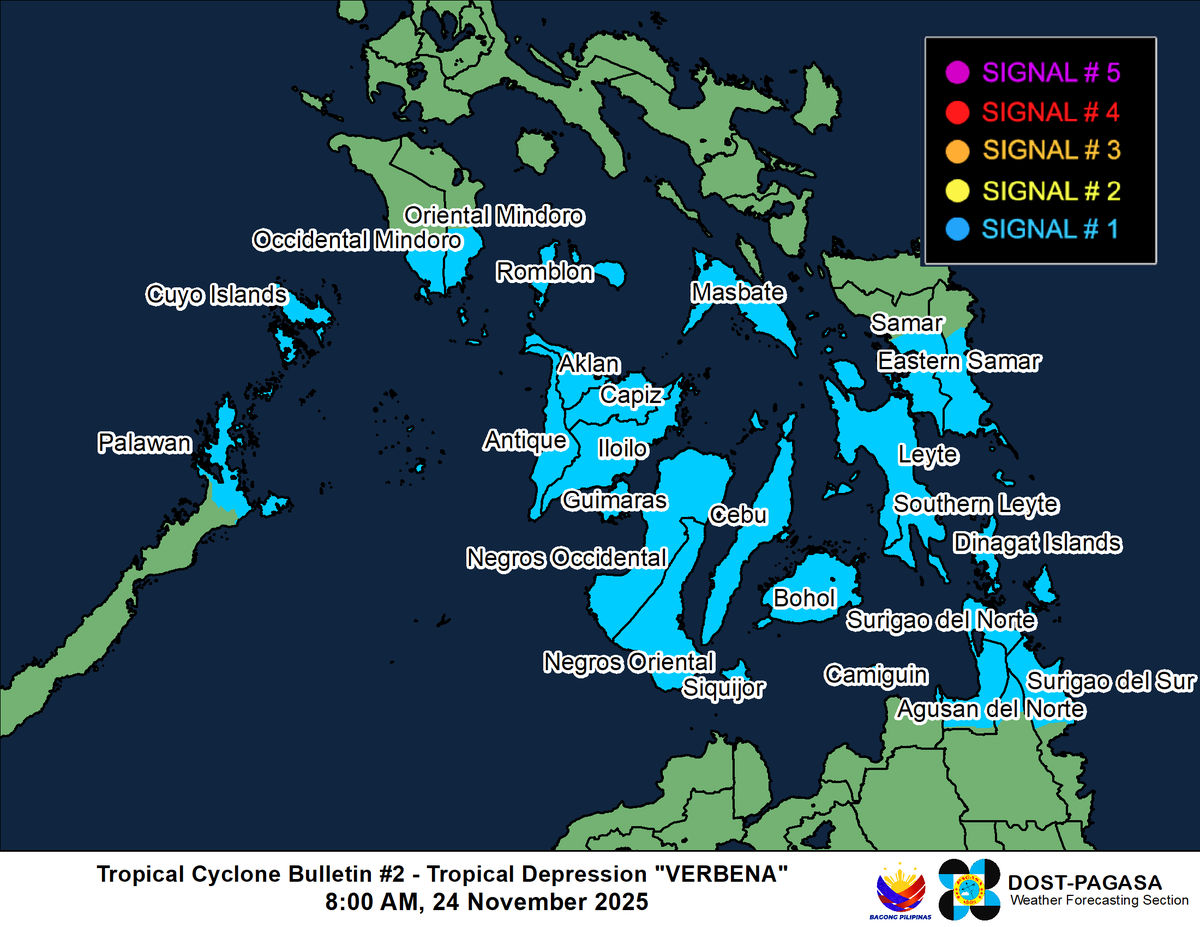 dost_pagasa's tweet image. TROPICAL CYCLONE BULLETIN NR. 2
Tropical Depression #VerbanaPH
Issued at 8:00 AM, 24 November 2025
Valid for broadcast until the next bulletin at 11:00 AM today.

“VERBENA” MAINTAINS ITS STRENGTH AS IT CONTINUES TO MOVE WESTWARD OVER THE PHILIPPINE SEA.

Link:…