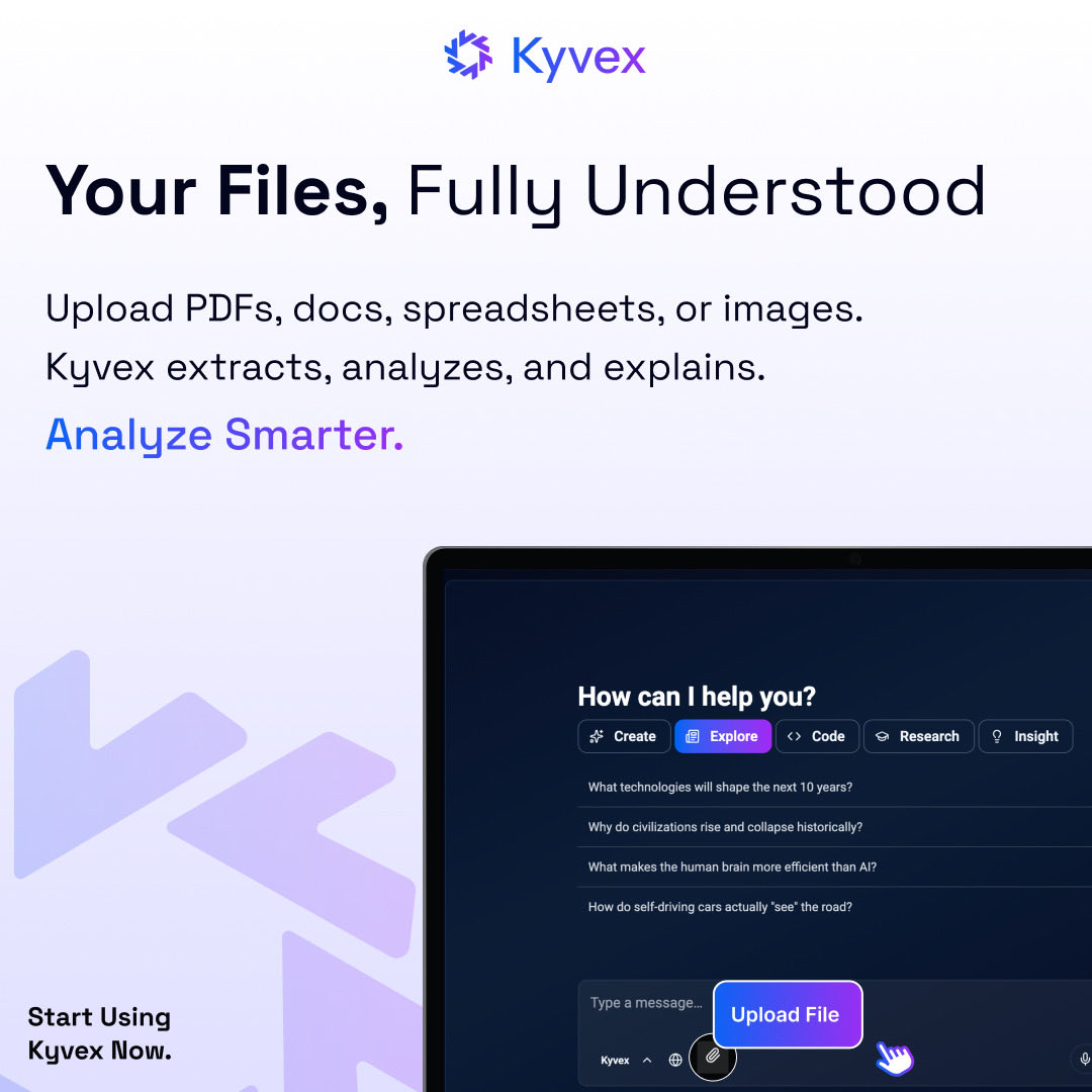 KyvexAI's tweet image. 🚀 Unlock the power of your data with Kyvex — the platform that lets you upload PDFs, docs, spreadsheets, or images, extracting and explaining powerful insights from all your files.
✨ Your Files, Fully Understood. Analyze Smarter.
🔗 #Kyvex #DataAnalysis #DocumentAI…