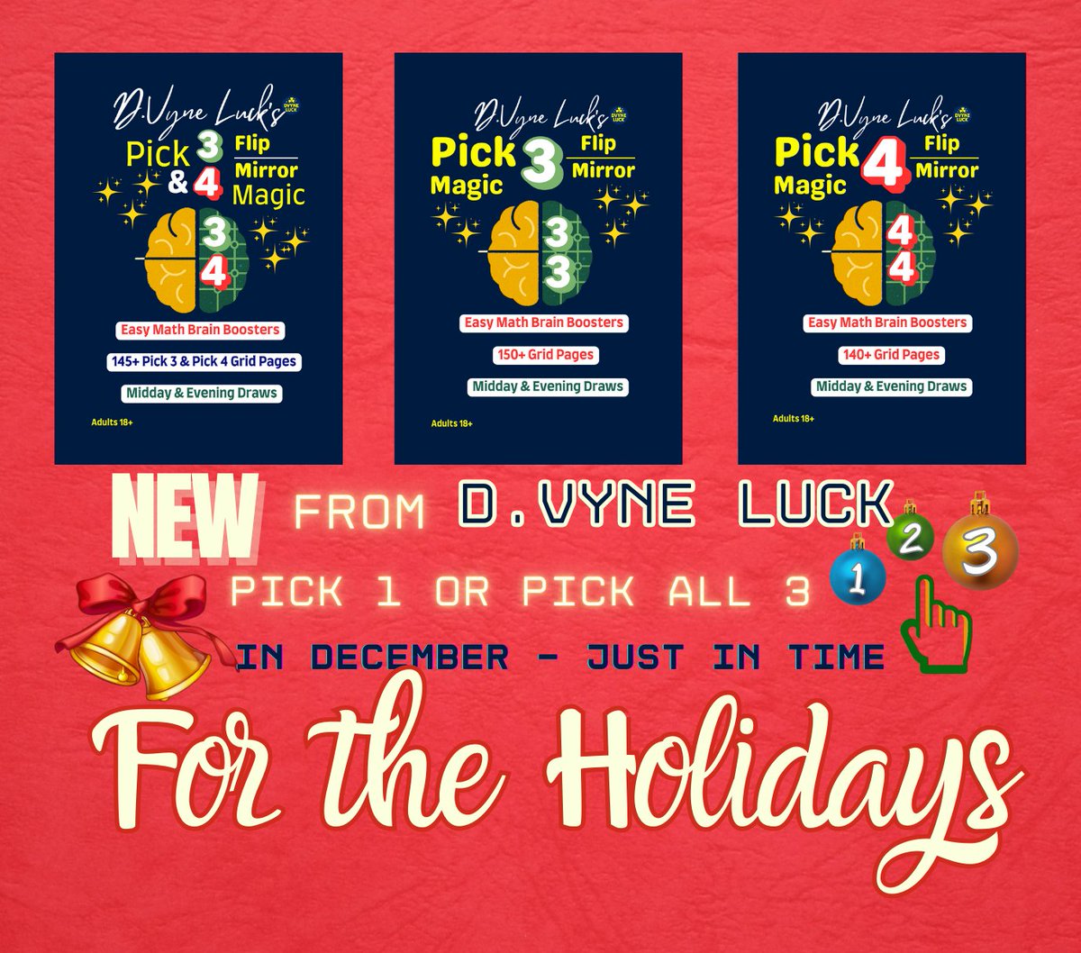 dvyne_luck's tweet image. 🎄From D.Vyne Luck
Pick 3 &amp;amp; Pick 4 Flip Mirror Magic ✨
🧠 Easy math brain boosters
📘 140+ grid pages
🎁 Perfect gift for pattern-minded players
Pick 1 or all 3 — just in time for the holidays!
#DvyneLuck #Pick3 #Pick4 #LotteryMindset #PlayResponsibly