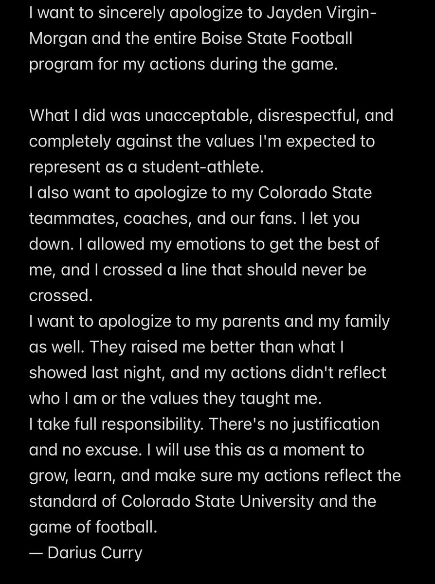 I sincerely apologize for my actions on saturday night against boise state.