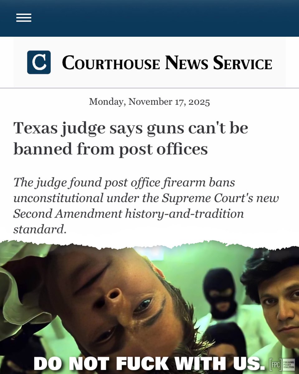 gunpolicy's tweet image. ICYMI:

Last week, FPC filed a scathing brief responding to a recent DOJ motion to gut a major 2A victory in FPC v. Bondi, a case where the Court previously held that peaceable Americans must be allowed to carry firearms in Post Offices.