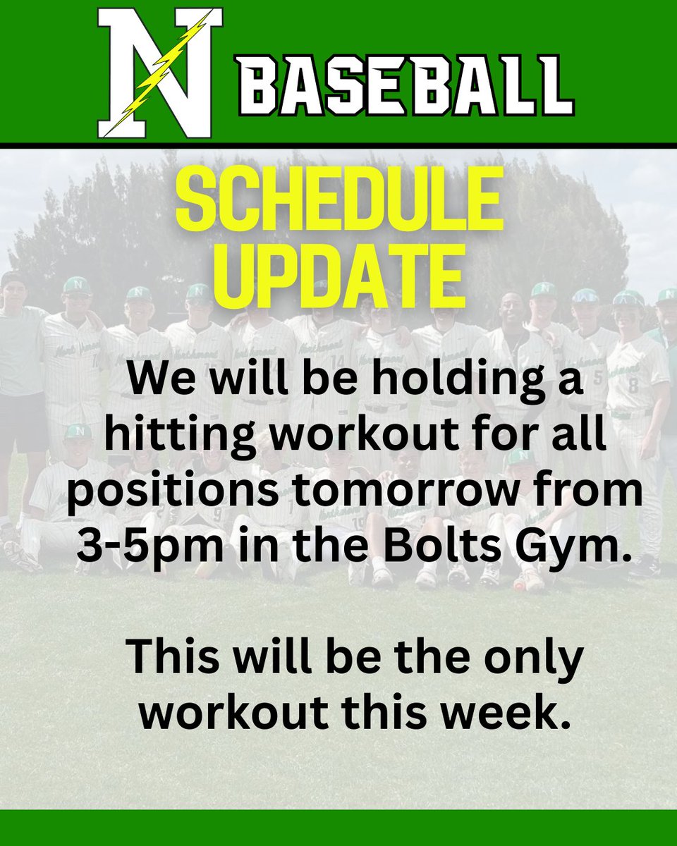 Schedule update for Northmont Baseball ⚡️

We’ll be holding a hitting-only workout for all positions TOMORROW from 3–5 PM in the Bolts Gym.

This will be our only workout of the week, so make every swing count. Please help spread the word to your teammates.