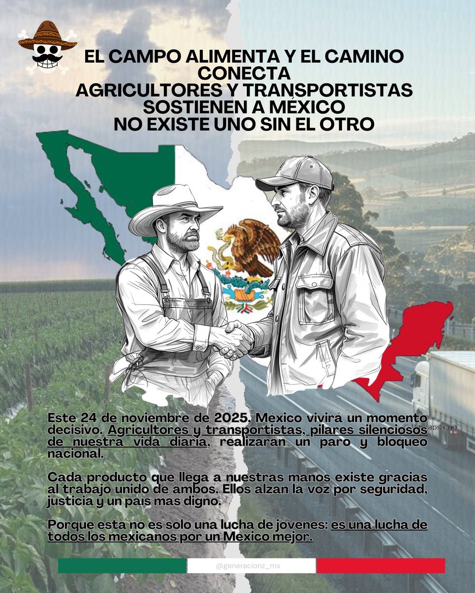 generacionz_mx's tweet image. Agricultores y Transportistas, la columna vertebral de nuestro país, alzan la voz con un paro y bloqueo nacional.

Si no hay campo, no hay alimento. Si no hay camino, no llega a tu mesa. Apoyemos esta lucha por un México más justo y seguro 🇲🇽

#paronacional #fueraclaudia