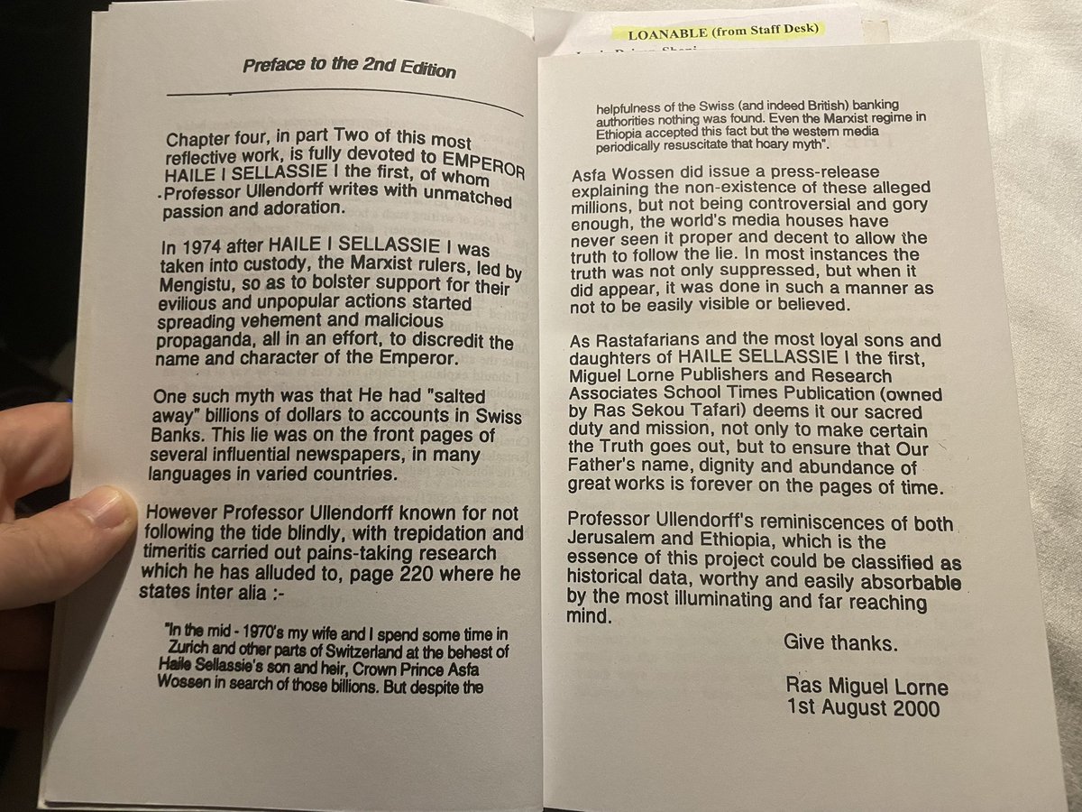 somehow the copy of the Semitic linguist Edward Ullendorff’s memoirs they brought me from the Oxford libraries is not that of OUP but by a Jamaican Rastafarian press, complete with a new preface in defence of Haile Sellassie
