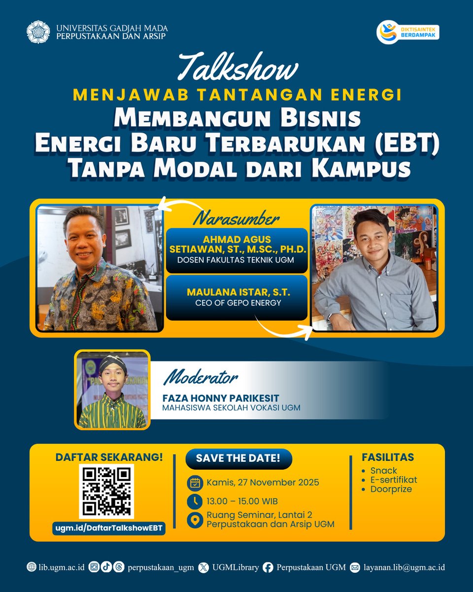 Kali ini bicara gaya Talk Show dari Lab Energi Terbarukan ke Bisnis Energi Baru Terbarukan di Perpustakaan Universitas Gadjah Mada ... Lengkap yaaa 🙂
Kamis, 27 November 2025
13.00–15.00 WIB
Ruang Seminar Perpustakaan dan Arsip UGM

Yuk segera daftar di ugm.id/DaftarTalkshow…