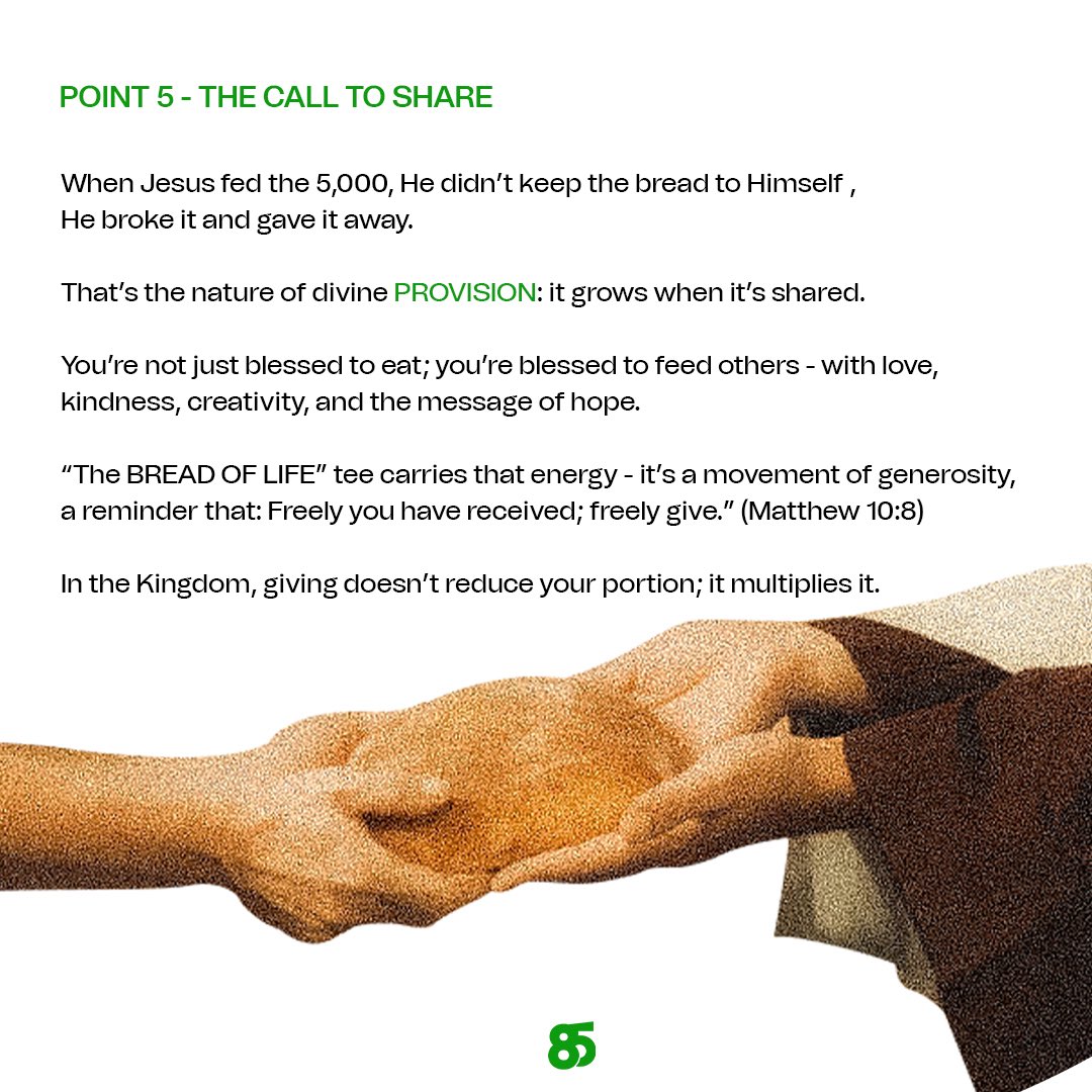 85Stocks's tweet photo. BELIEVERS, 
Here we go again -  another core of PROJECT 25: PROVISION.
The BREAD OF LIFE tee isn’t just fabric, it’s a reminder that Jesus is the Source.
He doesn’t just give bread - He is the bread.
In Him, lack ends and life begins.

#project25 #85stocks #thebreadoflife #provis https://t.co/4bCBYl0K0d
