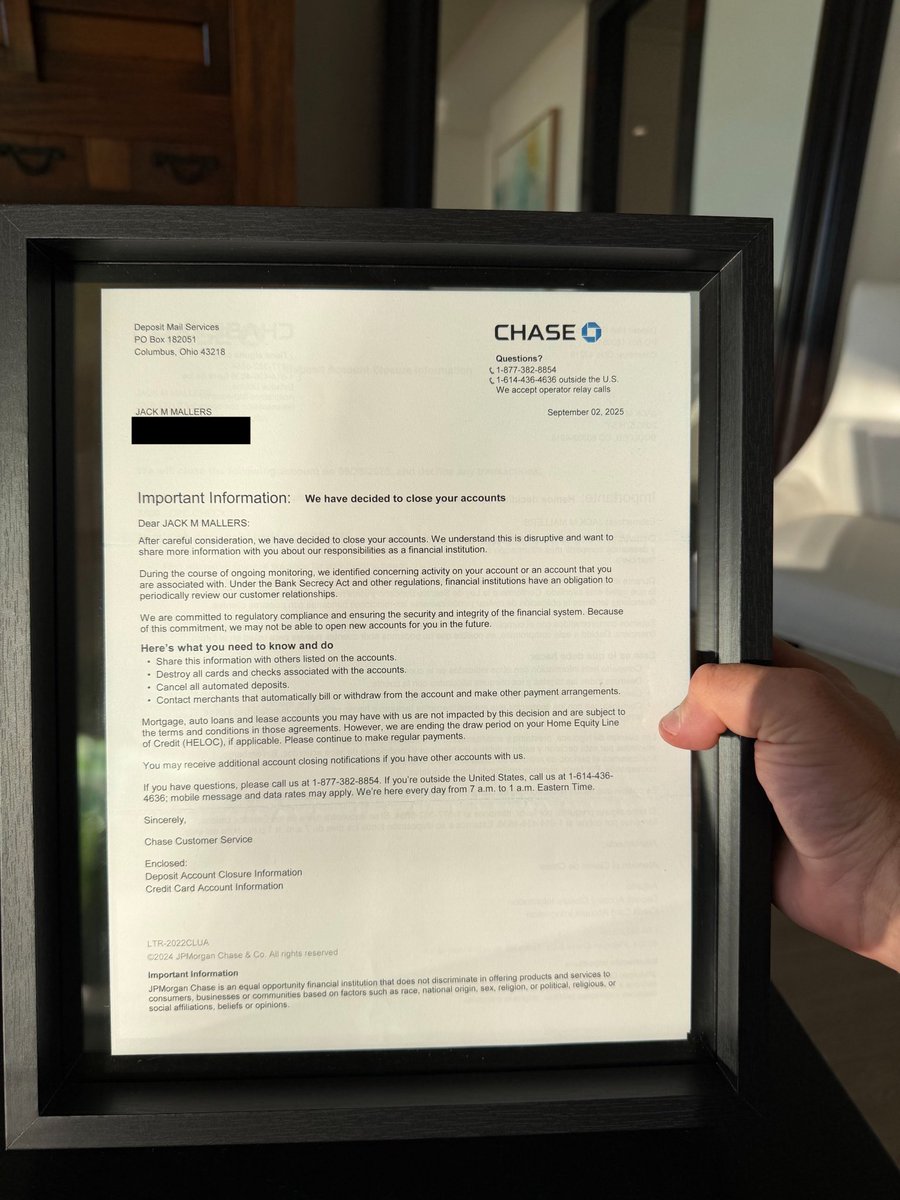 JUST IN: Jack Mallers framed the JPMorgan Chase account-closure letter they sent him 😂