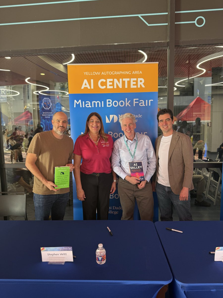mdcpresident's tweet photo. It was an honor to host AI Valley author Gary Rivlin and The Thinking Machine author Stephen Witt at this year’s Miami Book Fair. Their insights on innovation, technology, and the future of human potential sparked powerful conversations. Grateful to showcase their work at the Miami Dade College AI Center, where we are leading the way in AI education, workforce transformation, and opportunity for our community.