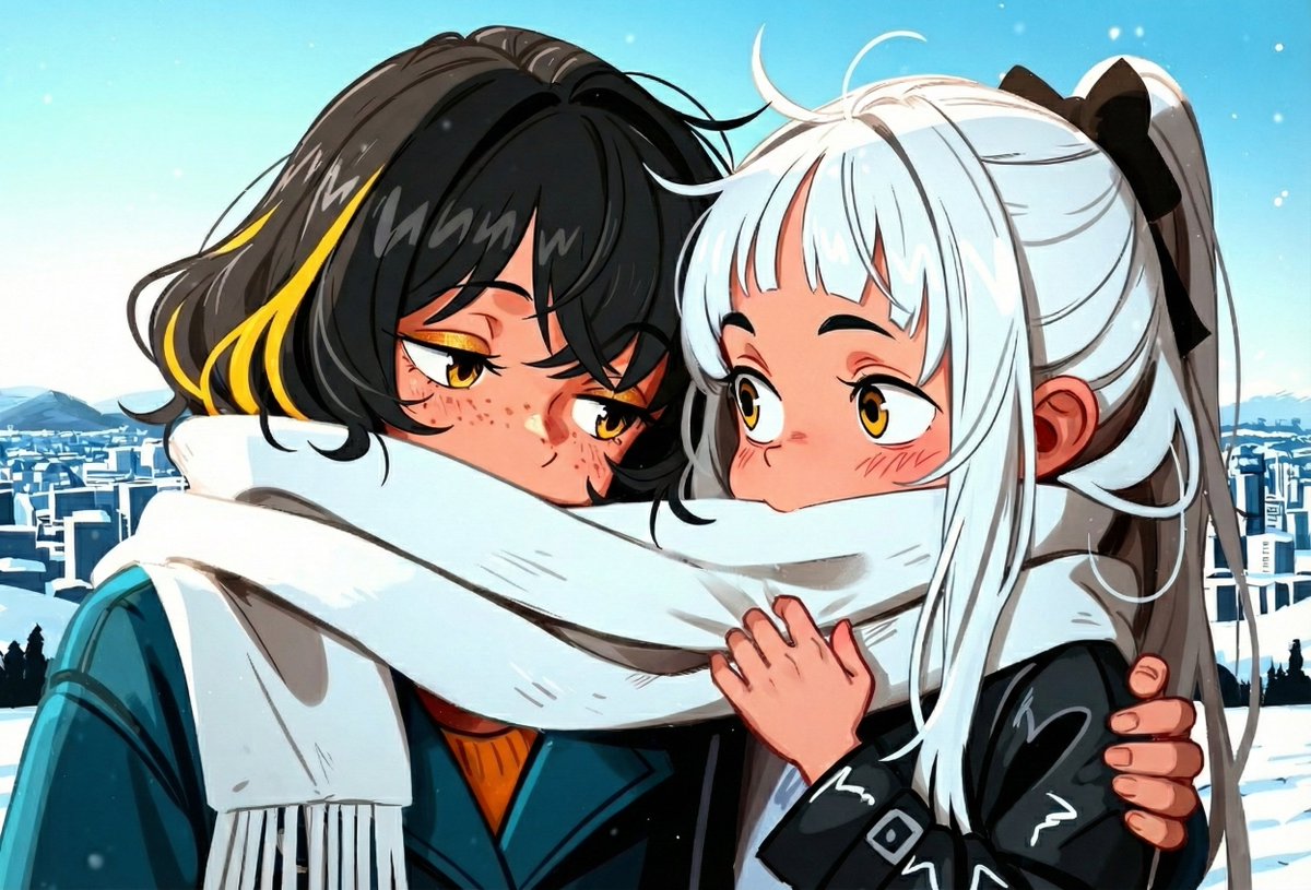 Selph_Destruct's tweet photo. Despite @SmuglyBrat's several attempts to eat the scarf, we finally got a good pic 
#AIイラスト #AIart #aiartcommunity #OC https://t.co/5xSBAOznUw