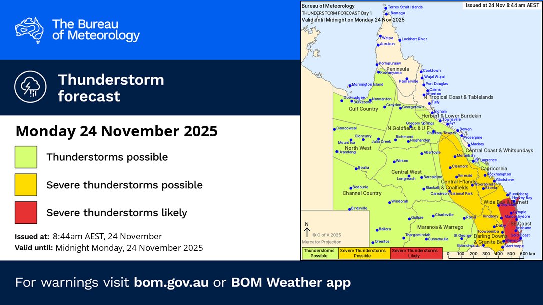 Today's thunderstorm forecast:
🟢Non-severe thunderstorms across most of #Qld.
🟡Severe thunderstorms possible central and southeast areas,
🔴likely south of #Bundaberg.
#Brisbane #GoldCoast #SunshineCoast.
Risks - hailstones, wind gusts, heavy rainfall.
bom.gov.au/location/austr…