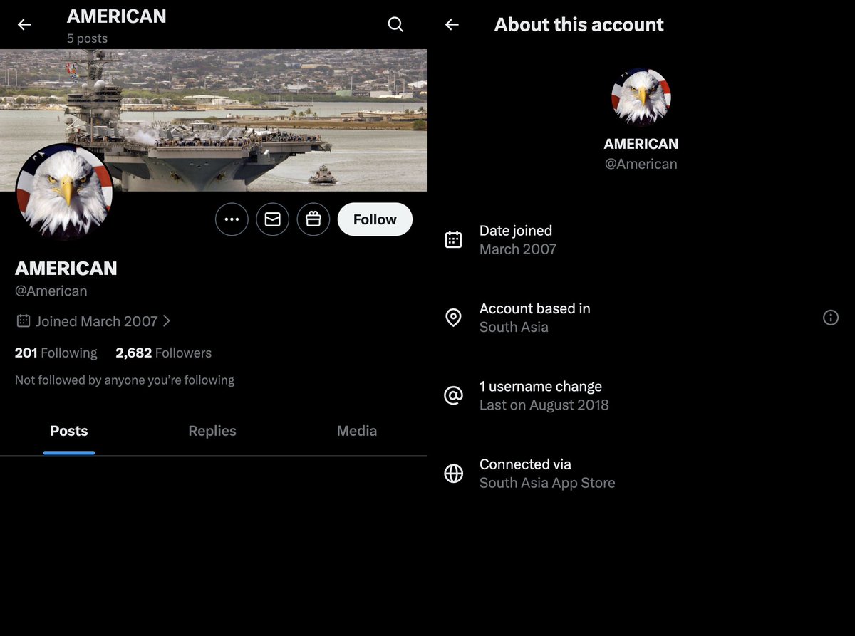 Le compte « @American » a supprimé toutes ses publications et remplacé la mention « basé au Pakistan » par « basé en Asi