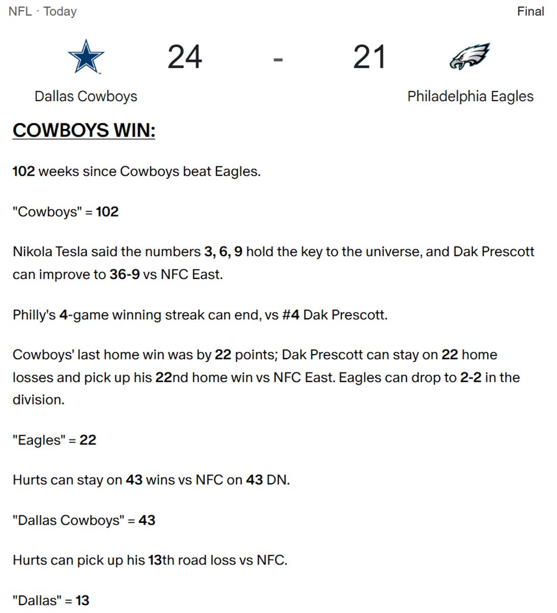 Decoding_Oz's tweet image. Eagles collapsed from a 21-0 lead to get upset by Cowboys for Dak Prescott&apos;s 83rd win, with Eagles dropping to 8-3 for the season with 38 days left. (Marshawn Kneeland murder ritual)

&quot;Murder&quot; = 83, 38
&quot;Collapse&quot; = 83

102 weeks after Cowboys last beat Eagles.

&quot;Cowboys&quot; = 102…