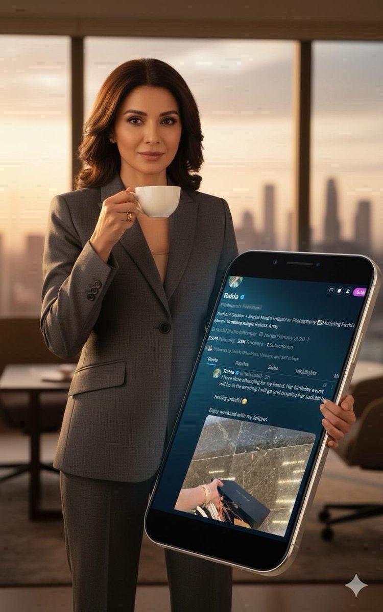 Rabisaed1's tweet image. GM 𝕏 

Suit up show up and level up.

Prompt ⬇️

Surreal high-concept photography. A businesswoman is casually seated next to a monolithic three-dimensional representation of her digital life a gigantic glowing black smartphone screen. The screen shows a social media profile…