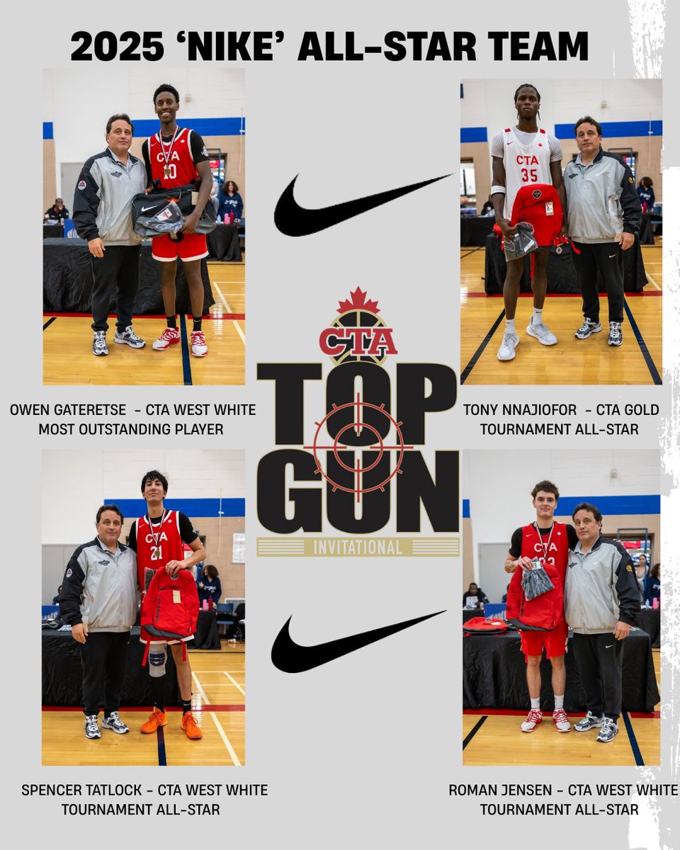 CanadaTopflight's tweet image. ANNOUNCEMENT: Your 2025 Top Gun &quot;NIKE&quot; All-Star Team: Owen Gatereste (MOP), Tony Nnajiofor, Roman Jensen and Spencer Tatlock! @DrewEbanks @cta_west @HuffmanCoach @bayner @themapleminute @wesblairbrown @AllCanadianGame @michaeltorres03 @DimeSessions @Tisinthehouse @coachsir_value