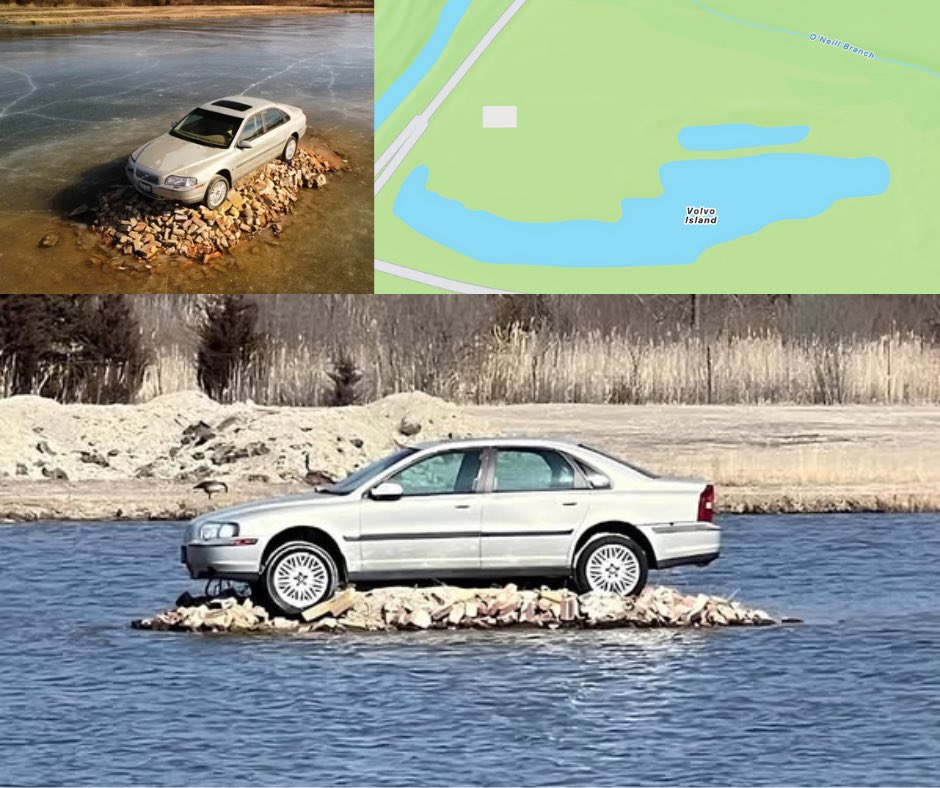 midwestern_ope's tweet image. In Ottawa Illinois there’s an abandoned Volvo that’s been stranded on a small rocky “island” since 2012. It’s even marked on Google Maps as “Volvo Island”