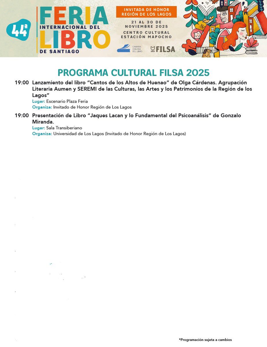 camaradellibro's tweet photo. Programa de actividades lunes 24 de noviembre #FILSA2025 📚 🙌
#FILSA2025 #FILSA #CámaraDelLibro https://t.co/8qemfrzqnf