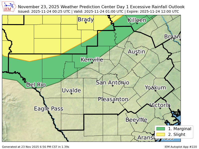 ScannerAtx's tweet image. WPC issues Day 1 Slight Risk Excessive Rainfall Outlook at Nov 24, 0:25z for EWX wpc.ncep.noaa.gov/qpf/excessive_…