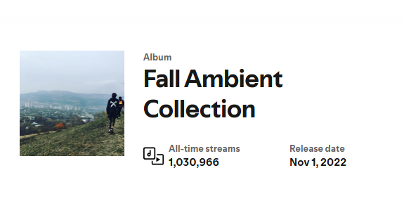 zerofuturism's tweet photo. Fall Ambient Collection has surpassed 1,000,000 streams. 
This album was released three years ago and holds a special place in my heart and I hope in yours too. It's a real success for me. Huge number. Thank you so much! https://t.co/HgmMmvVkyS