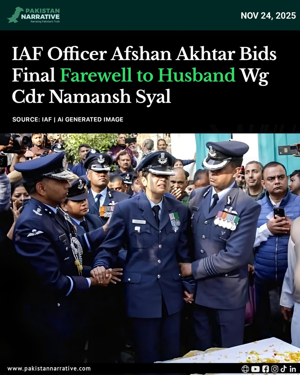 A solemn farewell was held as Wing Commander Namansh Syal, the IAF pilot who lost his life in the Dubai Airshow crash, was laid to rest with full military honours. 

His wife, Wing Commander Afshan Akhtar, stood in quiet dignity as she paid her final respects. 

The ceremony drew