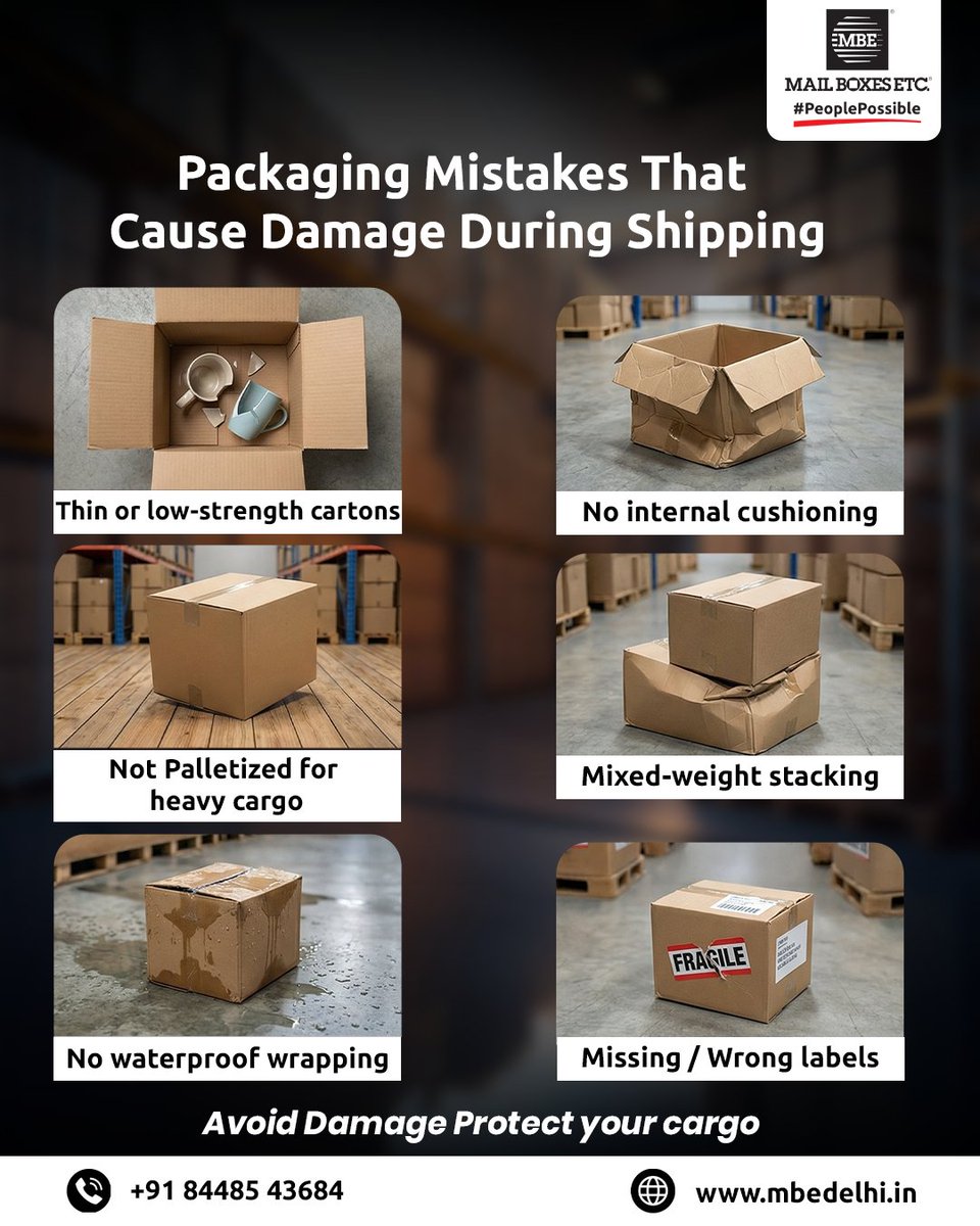 mbe_delhi's tweet image. Packaging Mistakes That Cause Damage During Shipping
Most cargo damage doesn&apos;t happen at sea or in the air -
it happens before the shipment even leaves the origin warehouse.
.
.
#cargo #shipment #packingtips #mbedelhi #mailboxesetc #boxes #fragile #lables #packingmistakes