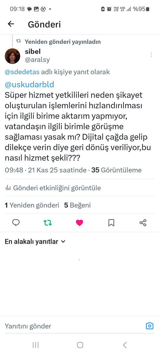 aralsy's tweet photo. @sdedetas @uskudarbld 
Süper hizmetten açılan çağrılara neden çözüm bulunmuyor. Bu birim sadece kayıt oluşturuyor, çözüm sunmuyor. https://t.co/Llg9CzpGEk