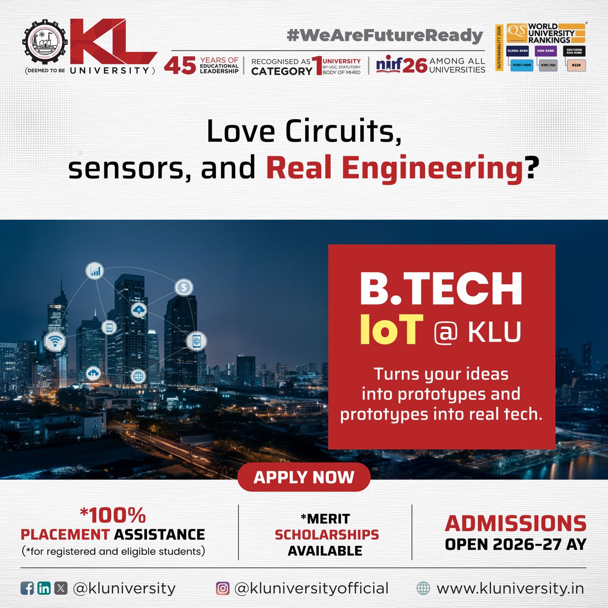 kluniversity's tweet image. KLU’s B.Tech IoT program equips you with skills in embedded systems, wireless communication, cloud integration- build smart, connected technologies. Step into one of the fastest-growing engineering fields
Apply: kluniversity.in/admissions-202…
#BTechIoT #InternetOfThings