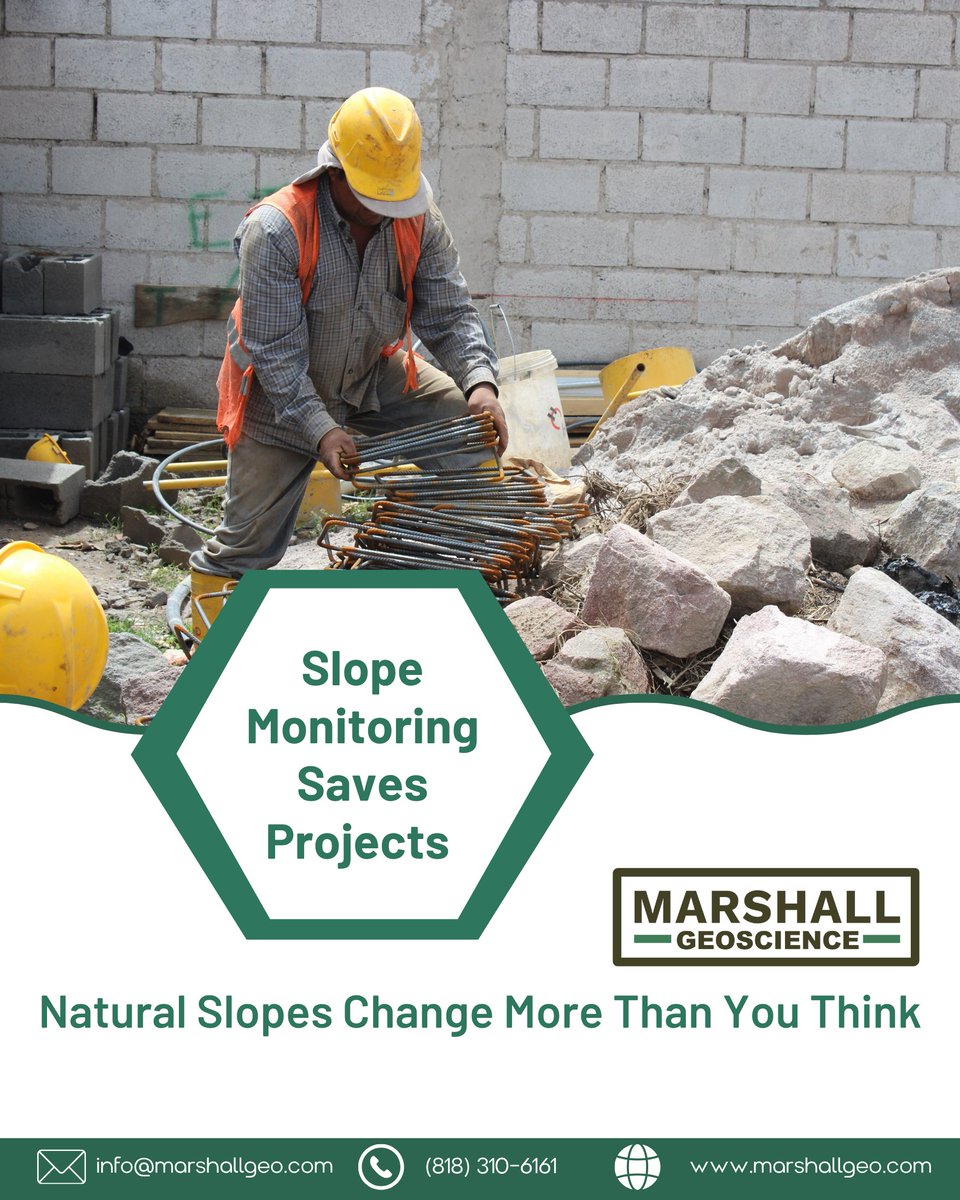 MarshallGeoSc's tweet image. Rain, weather cycles, and soil moisture can shift slopes subtly—but dangerously. 🌧️

🧭 Detect movement early

#slopestability #geotechnicalmonitoring #soildynamics #landslidedetection 

marshallgeo.com 🔍🚀

📞 Call: (818) 310-6161

📧 Mail: info@marshallgeo.com
