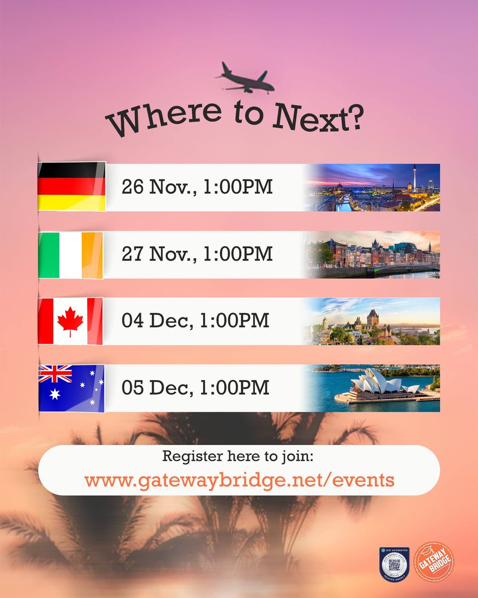 gatewaybridge's tweet image. Don’t wait for opportunities to come to you — take the first step and let us help you 𝐛𝐮𝐢𝐥𝐝 𝐲𝐨𝐮𝐫 𝐬𝐮𝐜𝐜𝐞𝐬𝐬 𝐬𝐭𝐨𝐫𝐲 𝐟𝐨𝐫 𝟐𝟎𝟐𝟔. Check out our event lineup and register for your preferred country here 
gatewaybridge.net/events

#FreeWebinar #studyabroad