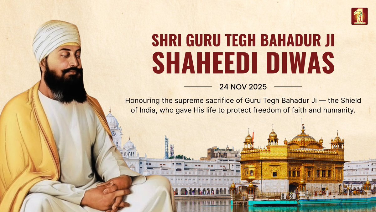 DSSNewsUpdates's tweet image. निर्भीक व निरवैर, दया और त्याग के जीवंत प्रतीक, &apos;हिंद की चादर&apos; श्री गुरु तेग बहादुर जी के पावन शहीदी दिवस पर उन्हें शत् शत् नमन।
आस्था व धर्म की रक्षा के लिए उनका सर्वोच्च बलिदान सदा धर्म के मार्ग पर अडिग रहने के प्रेरणा देता रहेगा।