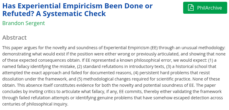 Innomen's tweet image. Has Experiential Empiricism Been Done or Refuted? A Systematic Check - PhilPapers philpapers.org/rec/SERHEE-2