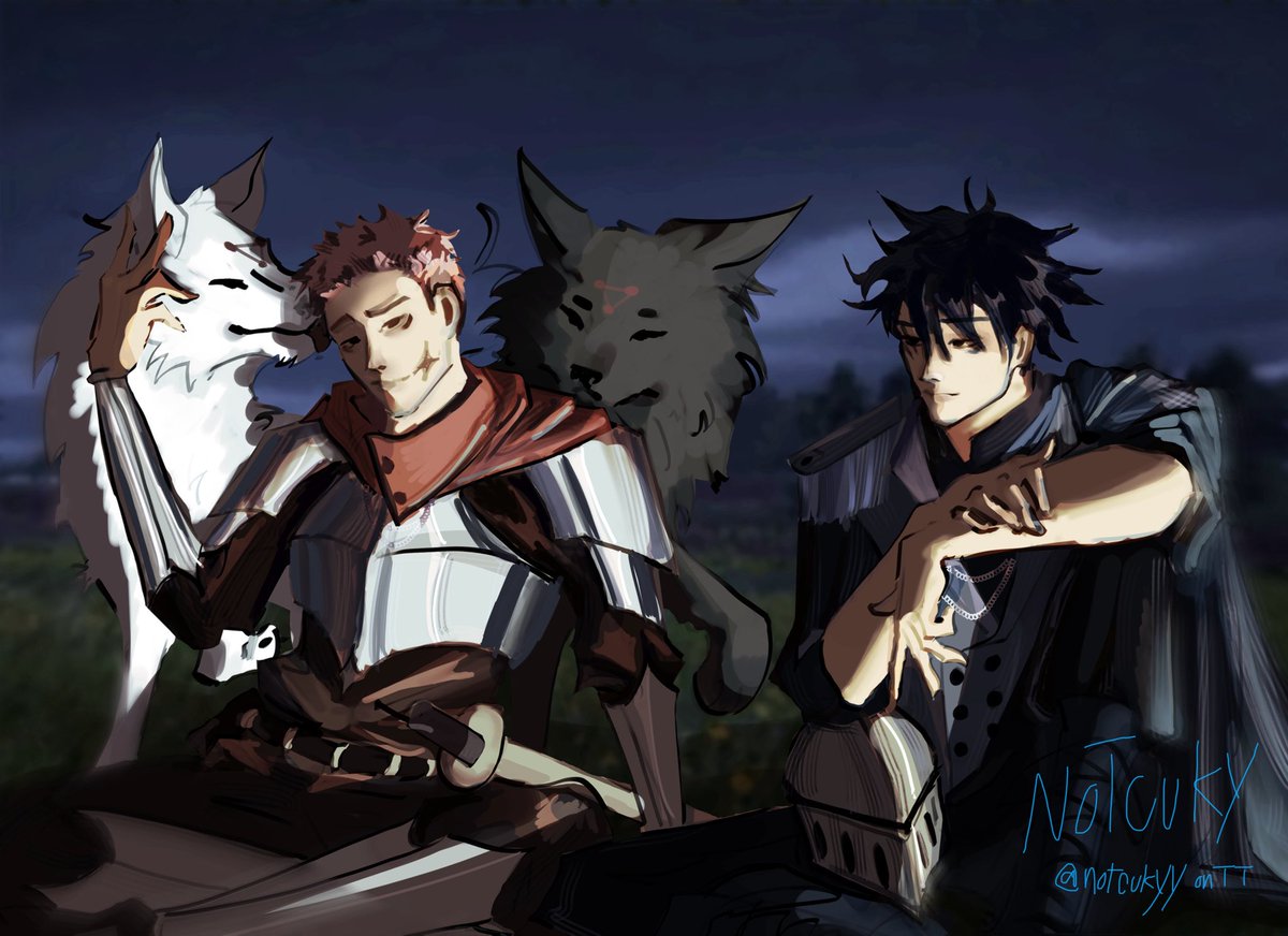 notcuky's tweet image. megumi prince x yuji knight
ft. megumis dogs (they love yuji more) #itafushi #jjk #fanart