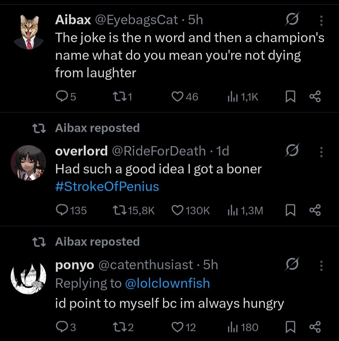 The three stages of low testosterone: 
Retweets some egirl typing a comment, retweets a joke possibly on par with the one hes about to judge
Then judges humor and bonus points for not typing out nigga because that would make him a man, can't have that.