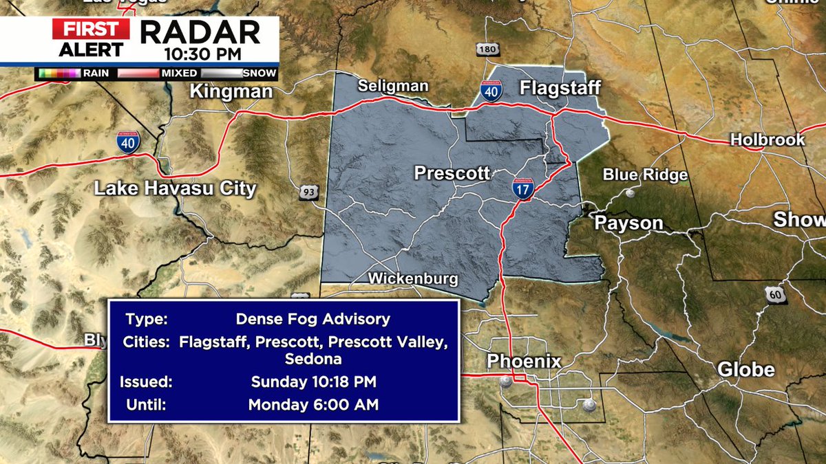 A Dense Fog Advisory is in effect for Yavapai County and parts of Coconino County. The Valley may also have some patchy fog on the Monday morning drive to work.
