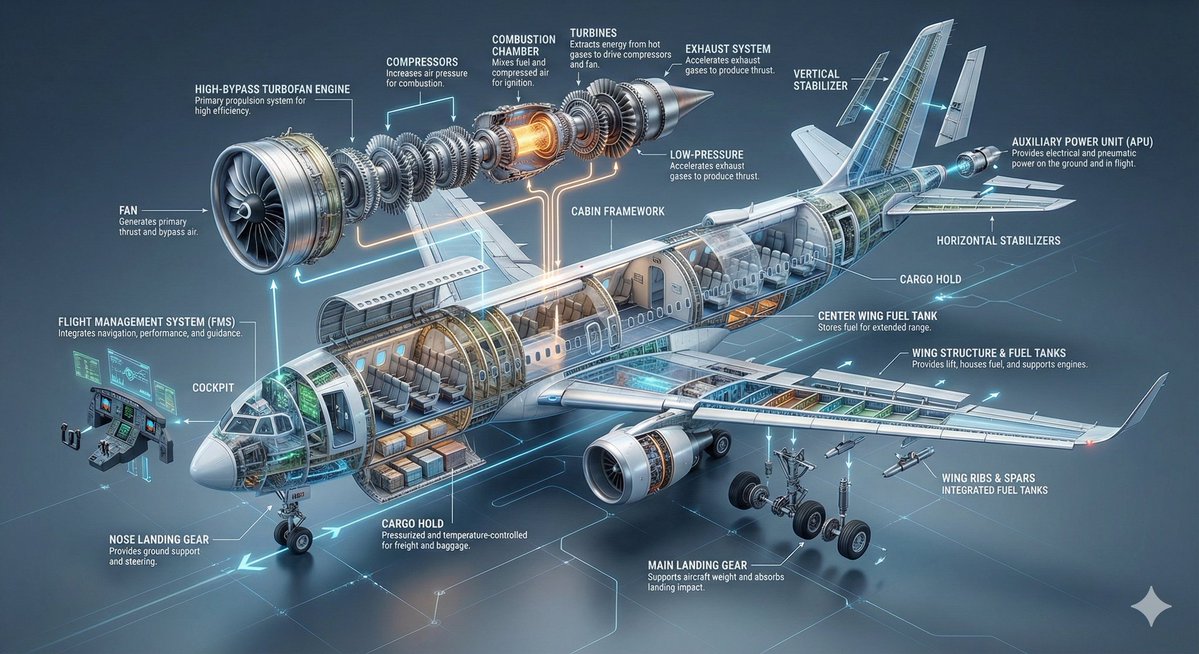 emailcbp's tweet image. Highly technological 3D sectional infographic that showcases the internal structure &amp;amp; operating principles of a modern commercial jet aircraft.
#NanobananaAI 
#nanobanana 
#geminiatwork 
#Geminiai